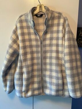 Lands' End Plush Sherpa Zip Jacket - Light Blue Gray & Cream Plaid